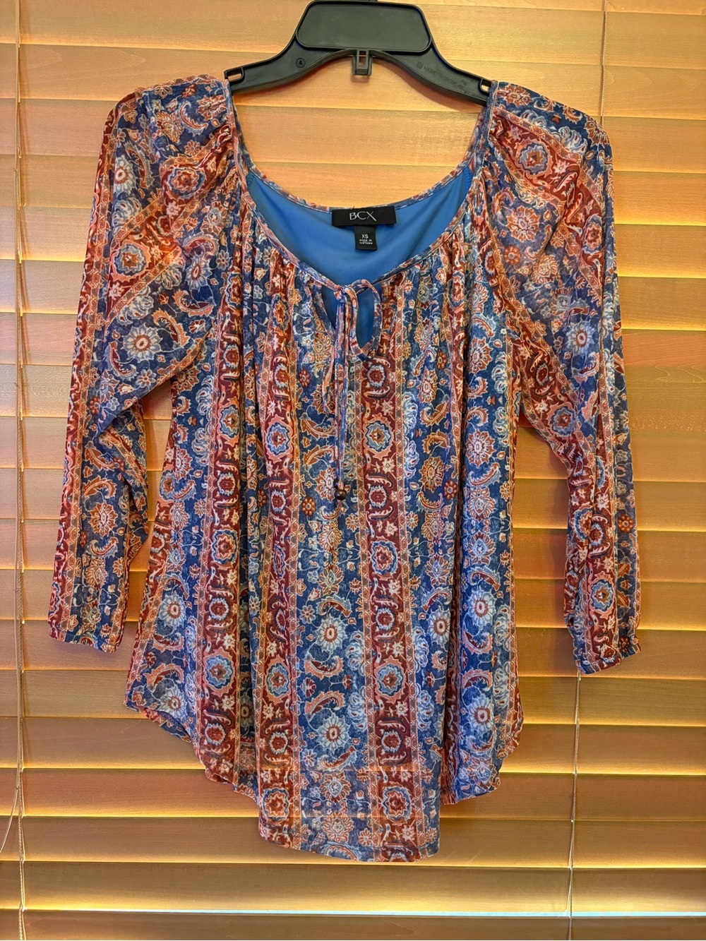 BCX Blue and Rust Paisley Peasant Blouse Size XS